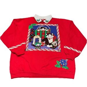 Vintage Spumoni By Franko Red Christmas Cats Presents Collared Sweater Women's L
